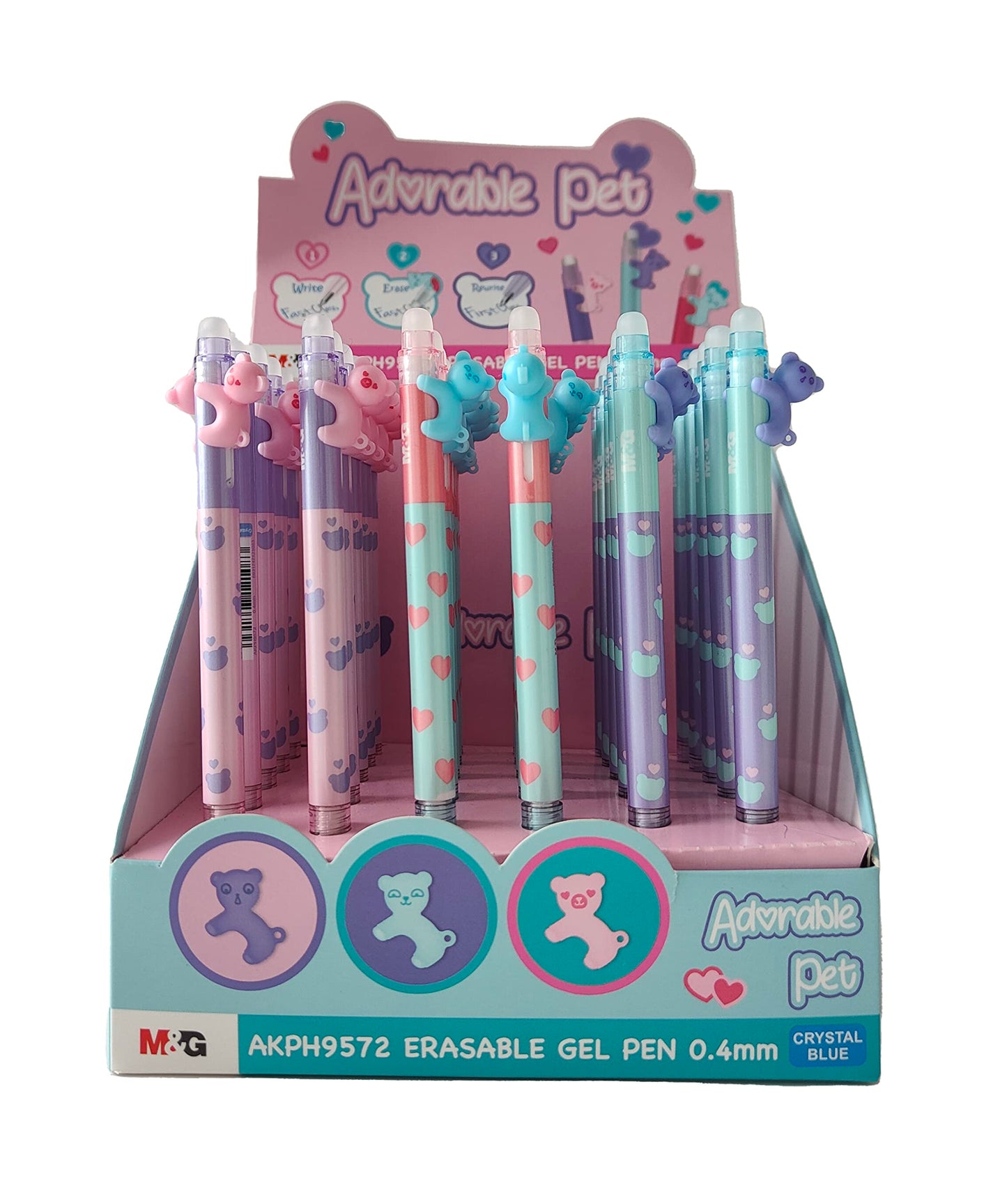 M&G "ADORABLE PET" Retractable Erasable Gel Pen 0.4mm. Super cool BEAR shape clip. Crystal Blue Ink. (5 per pack)