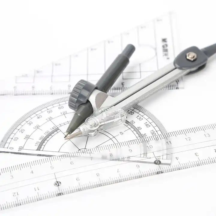 M&G Compass Set 8pcs (4pcs Ruler set +1pc 0.5mm Mechnical pencil +1 pc Eraser +1 Compass). (1 per pack)