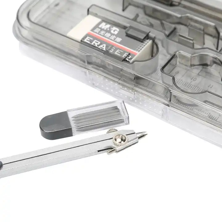M&G Compass Set 8pcs (4pcs Ruler set +1pc 0.5mm Mechnical pencil +1 pc Eraser +1 Compass). (1 per pack)