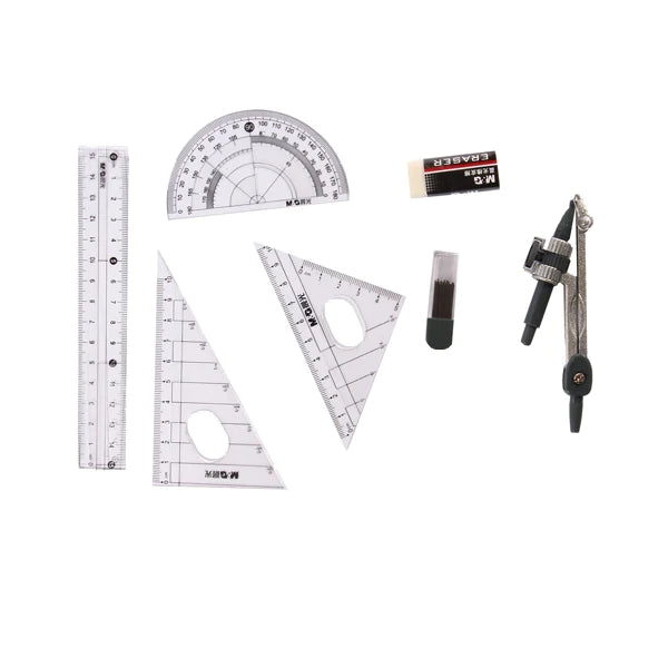 M&G Compass Set 8pcs (4pcs Ruler set +1pc 0.5mm Mechnical pencil +1 pc Eraser +1 Compass). (1 per pack)