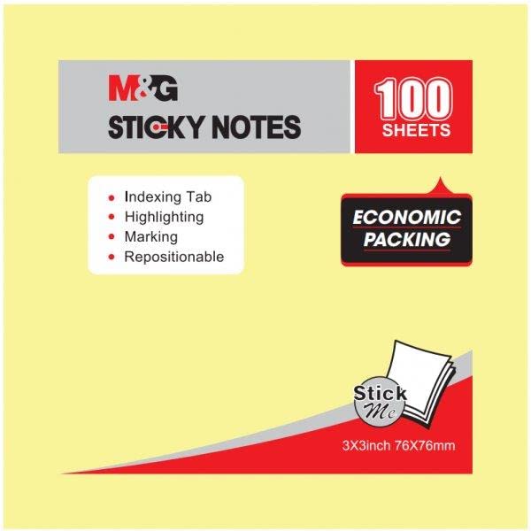 M&G 3"x3" Economic Pack Sticky Notes 100 sheets. Yellow color 76*76mm. (5 per pack)