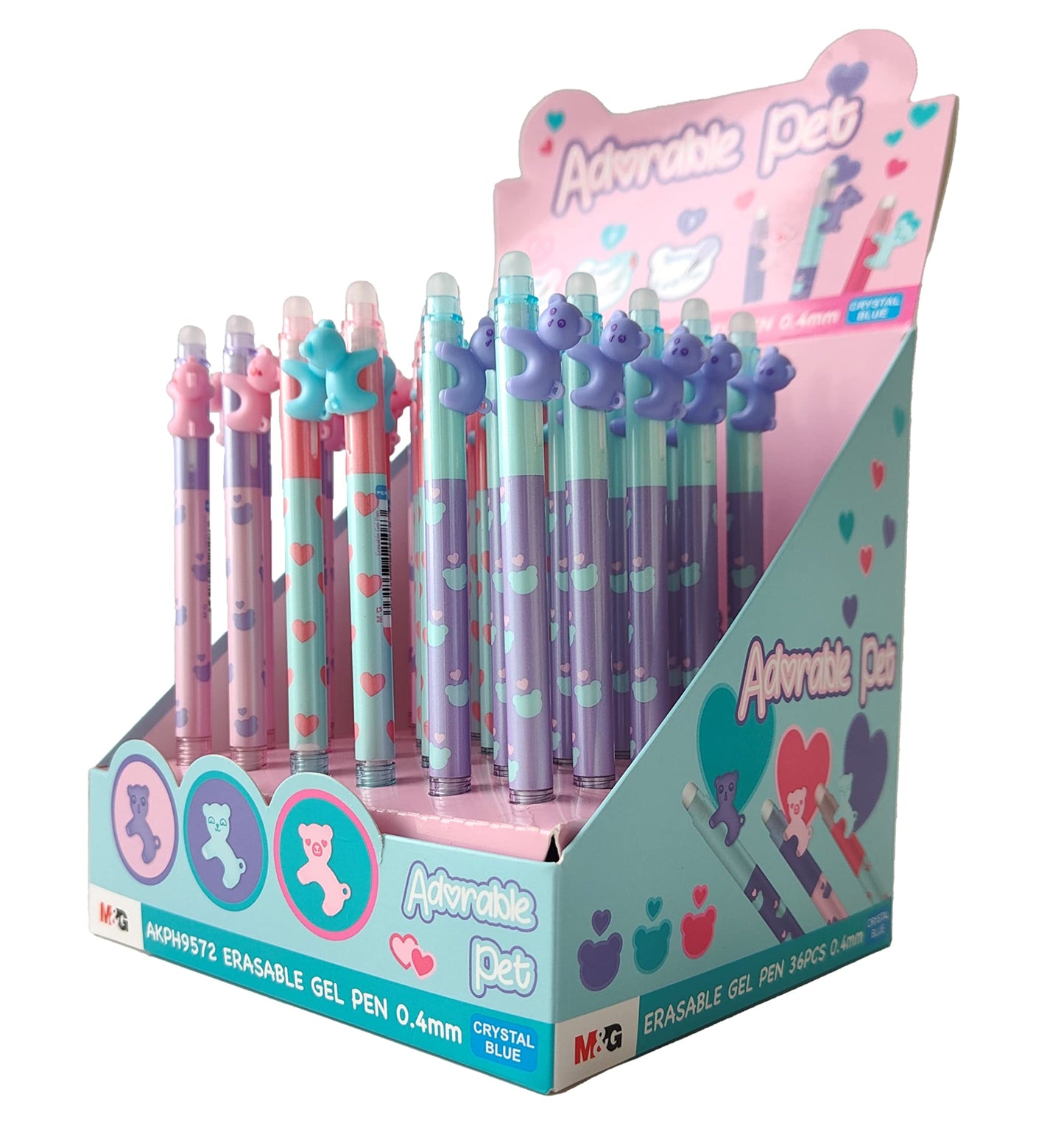 M&G "ADORABLE PET" Retractable Erasable Gel Pen 0.4mm. Super cool BEAR shape clip. Crystal Blue Ink.   (5 per pack)