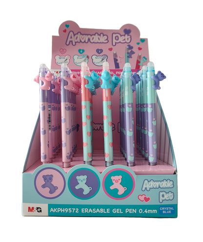 M&G "ADORABLE PET" Retractable Erasable Gel Pen 0.4mm. Super cool BEAR shape clip. Crystal Blue Ink.   (5 per pack)