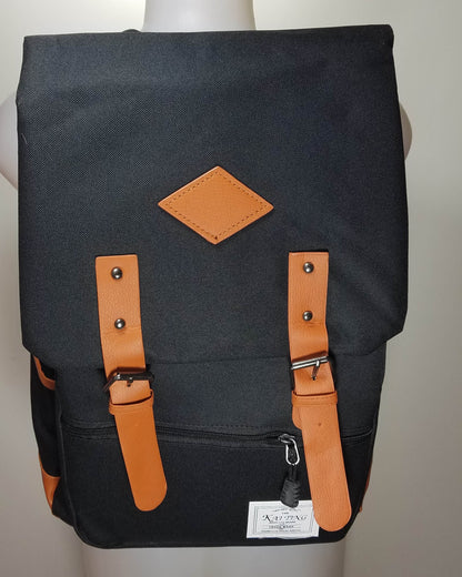 Kai Ting - Black Vintage Laptop Backpack for College with USB Charging Port
