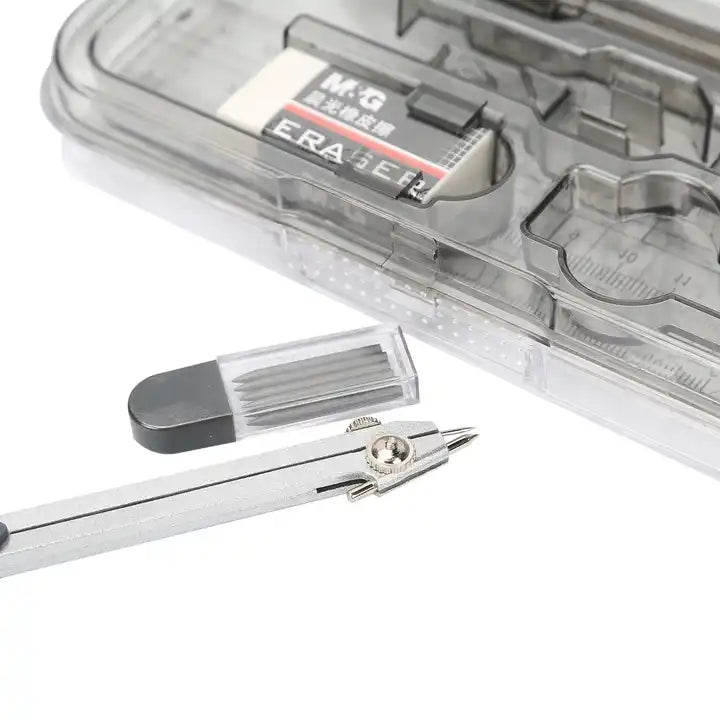 M&G Compass Set 8pcs (4pcs Ruler set +1pc 0.5mm Mechnical pencil +1 pc Eraser +1 Compass).  (1 per pack)