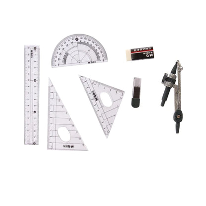 M&G Compass Set 8pcs (4pcs Ruler set +1pc 0.5mm Mechnical pencil +1 pc Eraser +1 Compass).  (1 per pack)