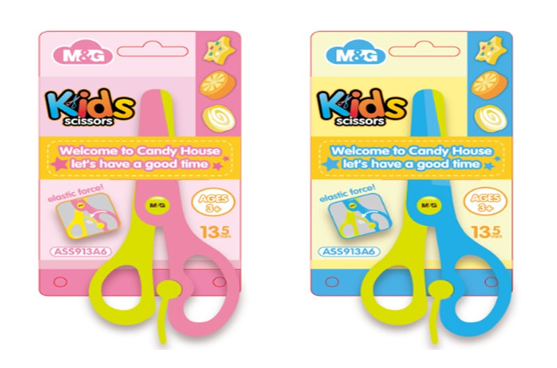 M&G Kids Safety Scissors 13.5mm. Plastic blade, safe elastic force function. "Try me" package.  (2 per pack)
