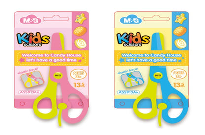 M&G Kids Safety Scissors 13.5mm. Plastic blade, safe elastic force function. "Try me" package.  (2 per pack)